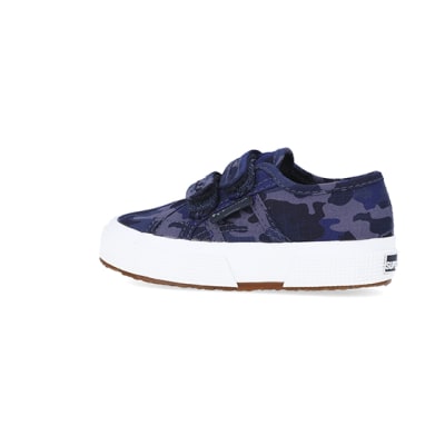 360 degree animation of product Mini Boys Blue Camo Print Superga Trainers frame-4