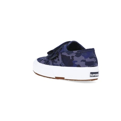 360 degree animation of product Mini Boys Blue Camo Print Superga Trainers frame-6