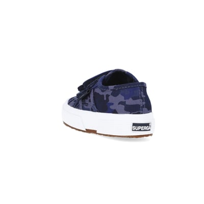 360 degree animation of product Mini Boys Blue Camo Print Superga Trainers frame-7