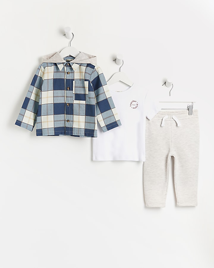 Mini boys blue check overshirt 3 piece outfit