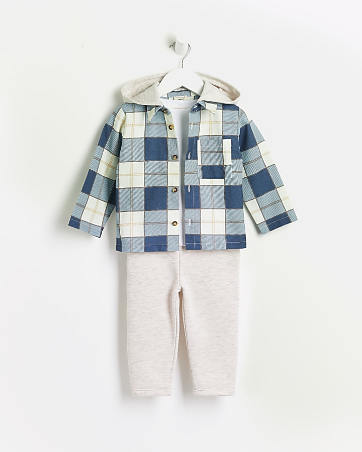 Mini boys blue check overshirt 3 piece outfit