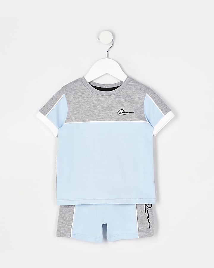 Mini boys blue colour block t-shirt outfit