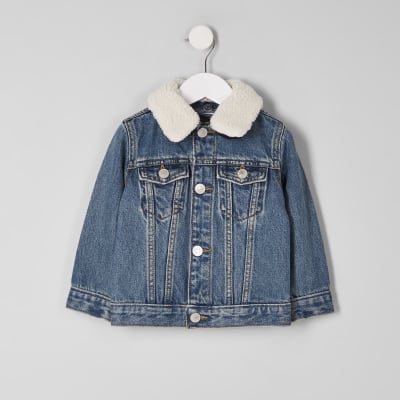 Mini boys blue denim borg collar jacket