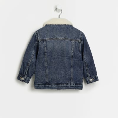 Mini Boys Blue Denim Borg Collar Jacket River Island