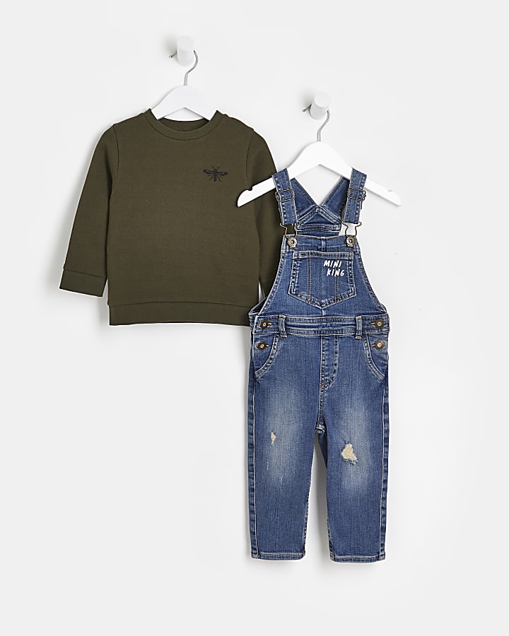 Mini boys blue dungarees and khaki top outfit
