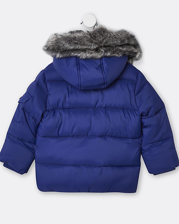 Mini boys blue faux fur hooded puffer coat
