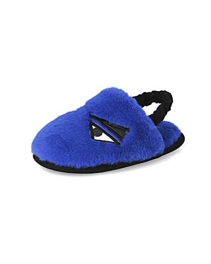 360 degree animation of product Mini boys blue faux fur monster slippers frame-1