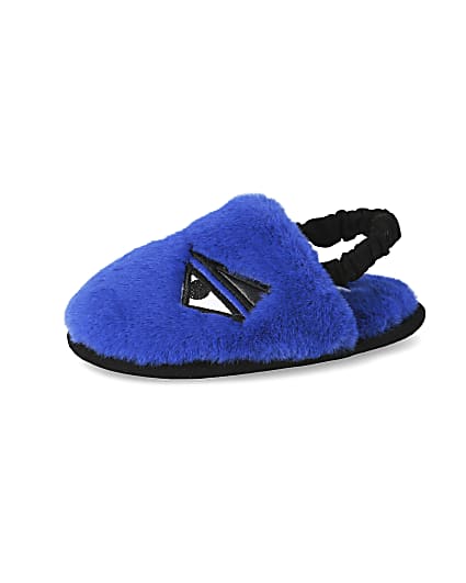 360 degree animation of product Mini boys blue faux fur monster slippers frame-2