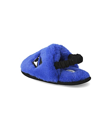 360 degree animation of product Mini boys blue faux fur monster slippers frame-6