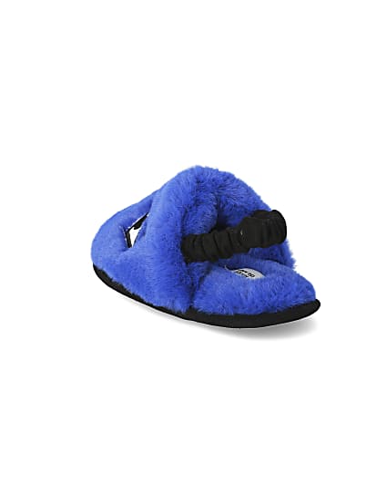 360 degree animation of product Mini boys blue faux fur monster slippers frame-7