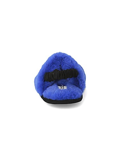 360 degree animation of product Mini boys blue faux fur monster slippers frame-9