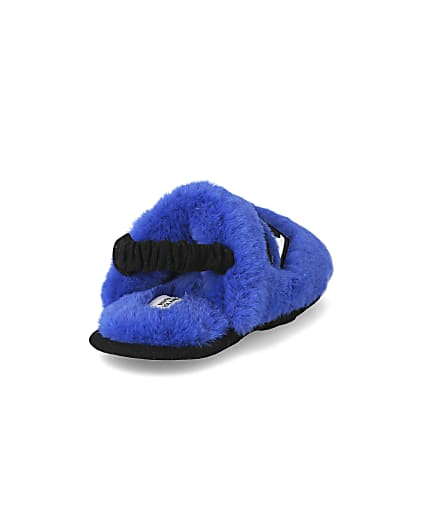 360 degree animation of product Mini boys blue faux fur monster slippers frame-11