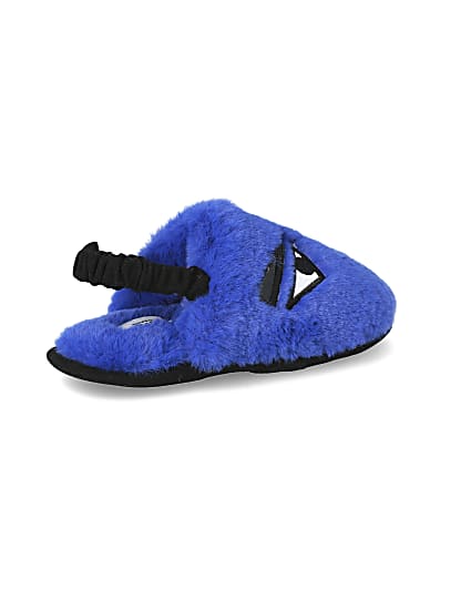 360 degree animation of product Mini boys blue faux fur monster slippers frame-13