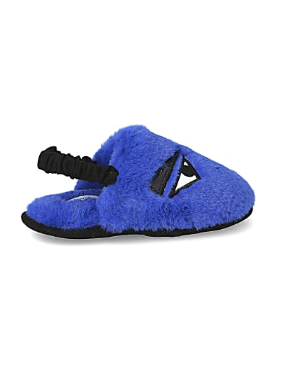 360 degree animation of product Mini boys blue faux fur monster slippers frame-14