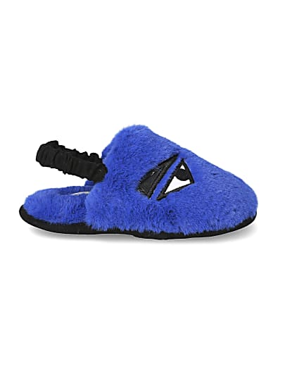 360 degree animation of product Mini boys blue faux fur monster slippers frame-15