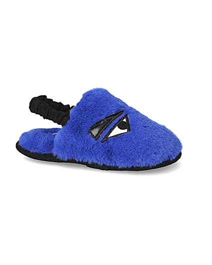360 degree animation of product Mini boys blue faux fur monster slippers frame-16