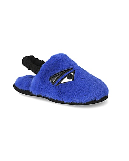 360 degree animation of product Mini boys blue faux fur monster slippers frame-17