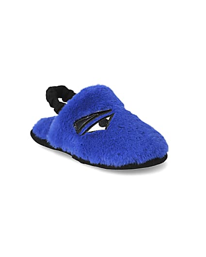 360 degree animation of product Mini boys blue faux fur monster slippers frame-18