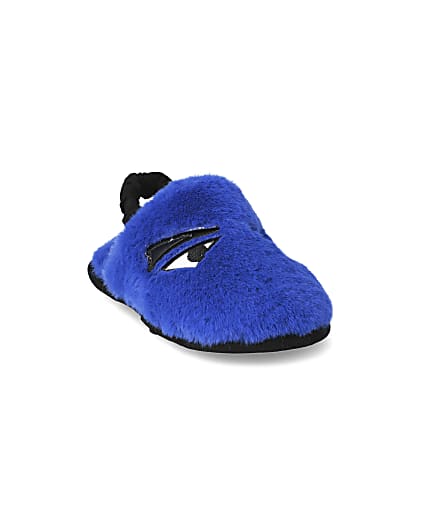 360 degree animation of product Mini boys blue faux fur monster slippers frame-19