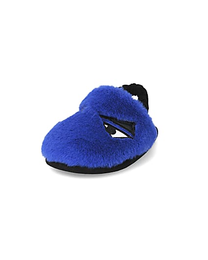 360 degree animation of product Mini boys blue faux fur monster slippers frame-23