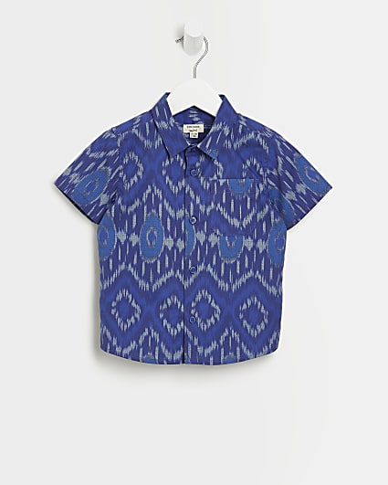 Mini boys blue ikat print short sleeve shirt