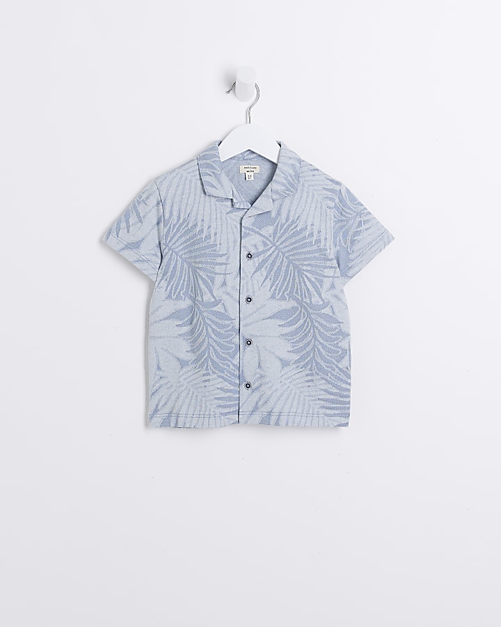 Mini boys blue jacquard tropical knit shirt