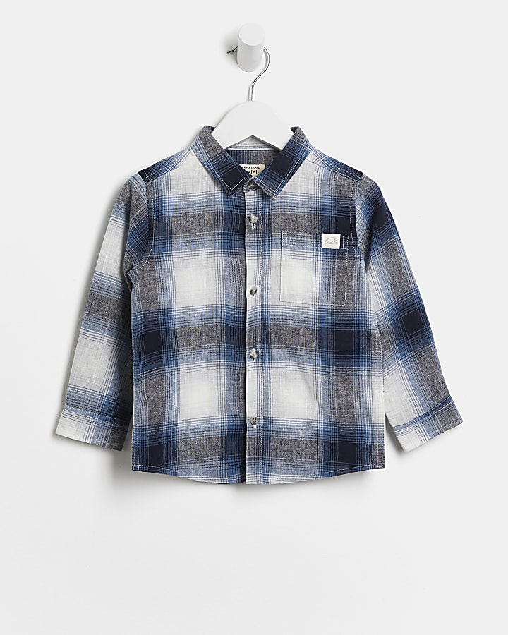 Mini boys blue linen cotton check shirt
