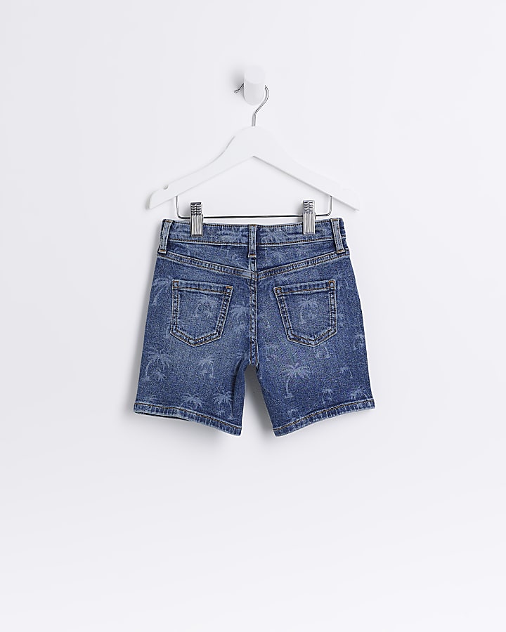Mini Boys Blue Palm Print Denim Shorts