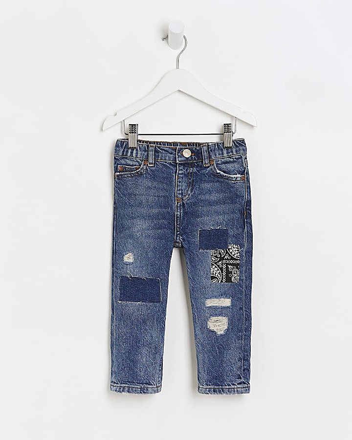 Mini boys blue patchwork regular fit jeans