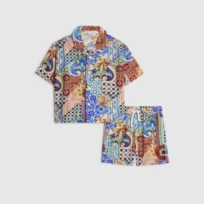 Mini Boys Blue Printed Shirt & Shorts Set