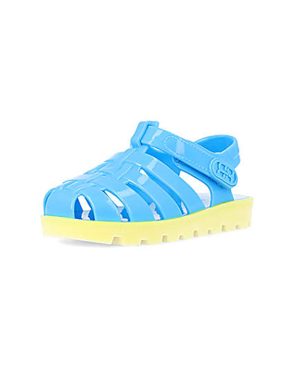 360 degree animation of product Mini boys blue rubber velcro jelly sandals frame-0
