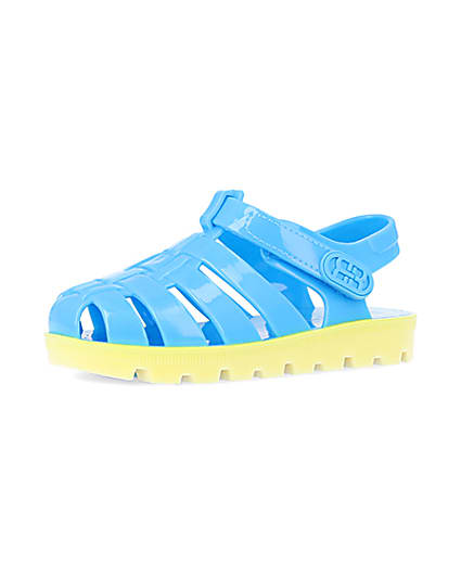 360 degree animation of product Mini boys blue rubber velcro jelly sandals frame-1