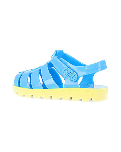 360 degree animation of product Mini boys blue rubber velcro jelly sandals frame-5