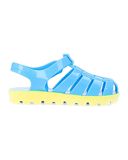 360 degree animation of product Mini boys blue rubber velcro jelly sandals frame-15