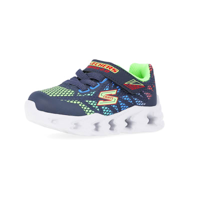 360 degree animation of product Mini Boys Blue Skechers Printed Trainers frame-1