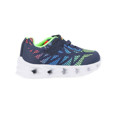 360 degree animation of product Mini Boys Blue Skechers Printed Trainers frame-14