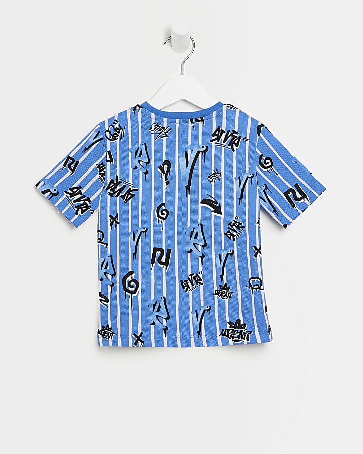 Mini boys blue stripe graffiti print t-shirt
