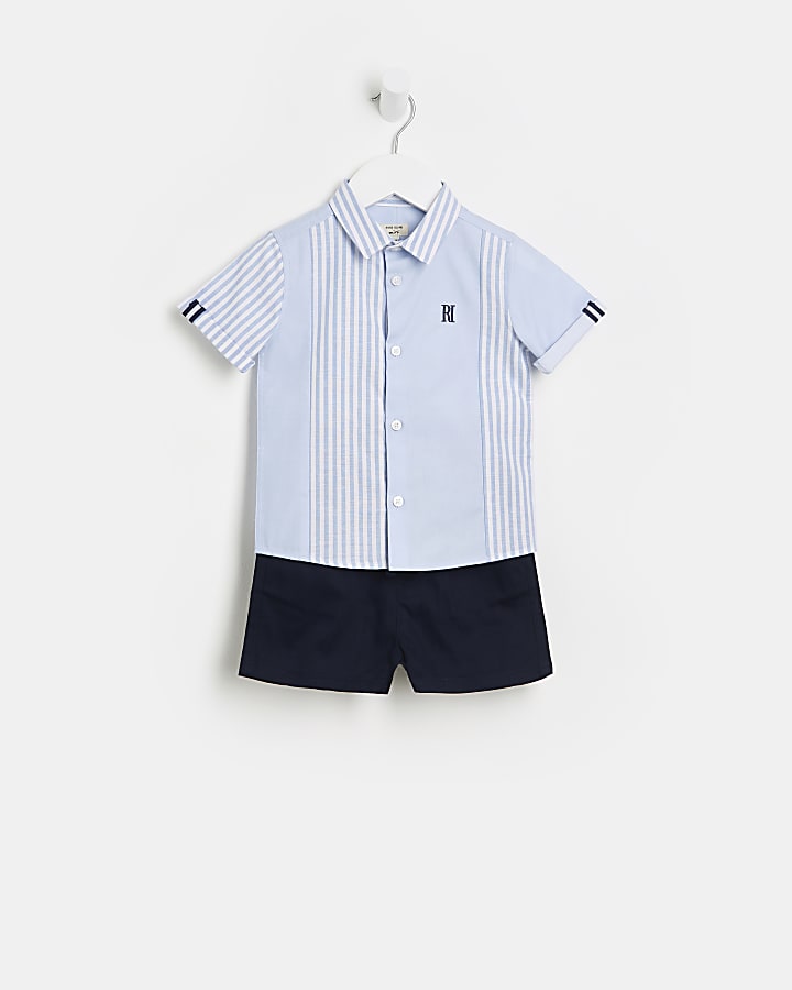 Mini boys blue striped shirt outfit
