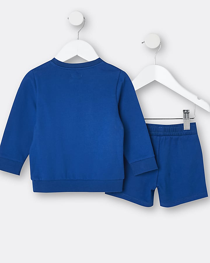 Mini boys blue sweatshirt and shorts outfit