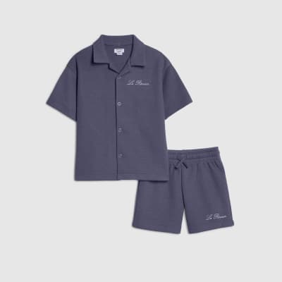 Mini Boys Blue Textured Shirt Set