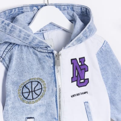 Mini boys blue varsity denim bomber jacket