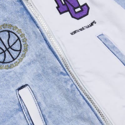 Mini boys blue varsity denim bomber jacket