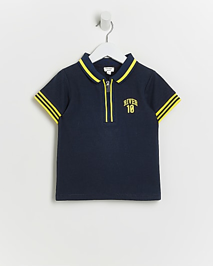 Mini Boys Blue Varsity Zip Polo Shirt