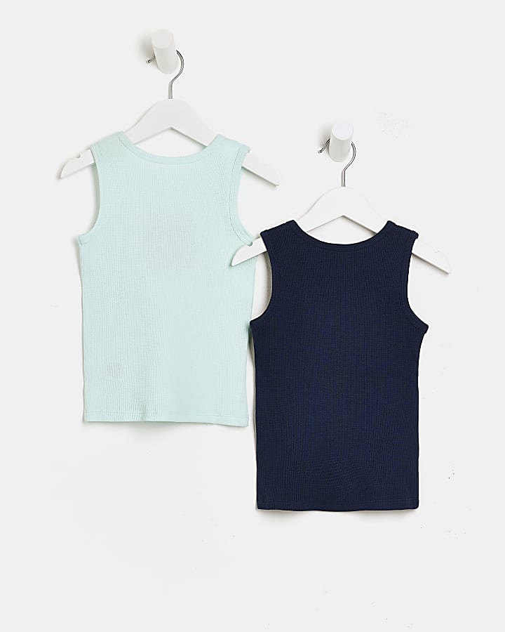 Mini boys blue waffle chest print vest 2 pack
