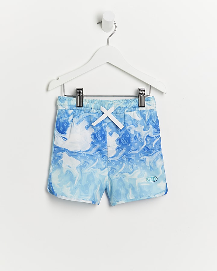 Mini boys blue water print swim shorts