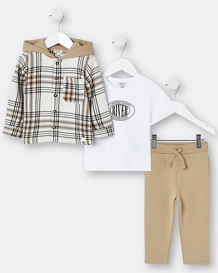 Mini boys brown check shacket 3 piece outfit