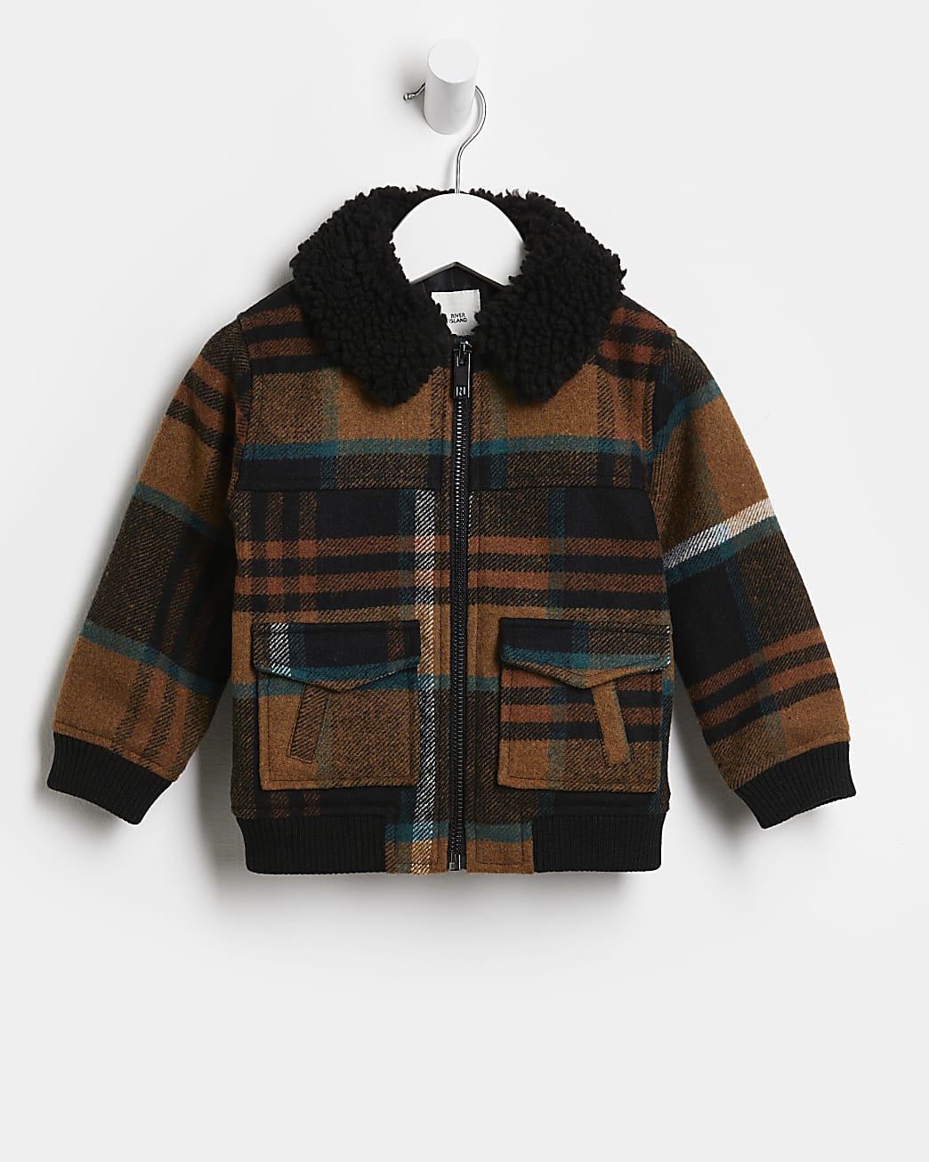 Mini boys brown check wool bomber jacket