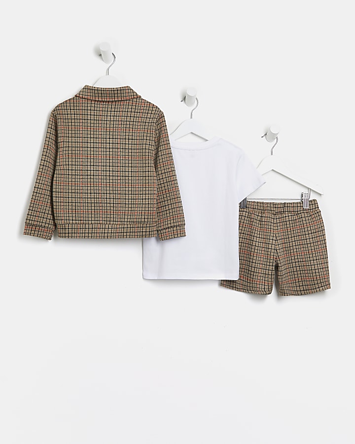 Mini boys brown checke 3 piece shorts outfit