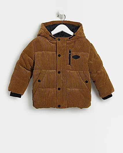 Mini boys Brown CORD hooded PUFFER coat