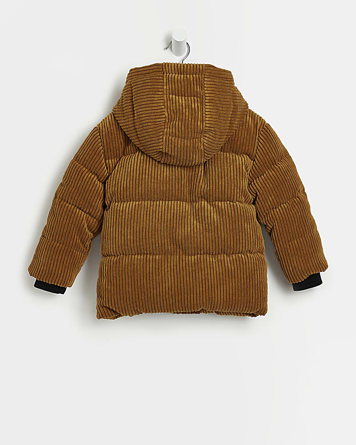 Mini boys Brown CORD hooded PUFFER coat